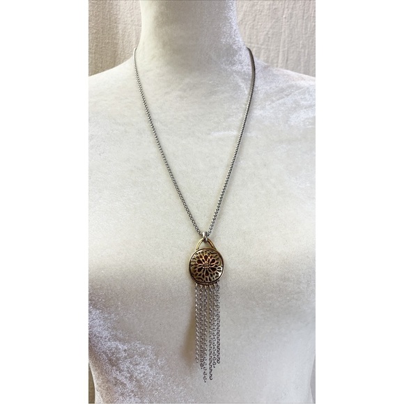 Lucky Brand mixed metals 2 tone flower pendant chain fringe necklace - Picture 1 of 6
